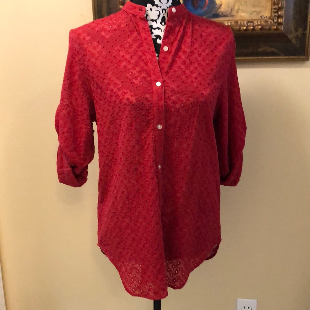 ❤️ Lauren Classic high neck, roll button up sleeves cotton embroidered pin hole